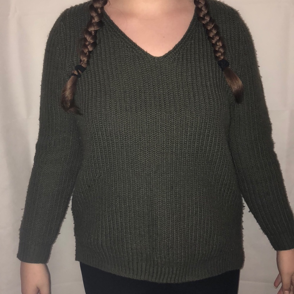 Green V-Neck Knit Sweater